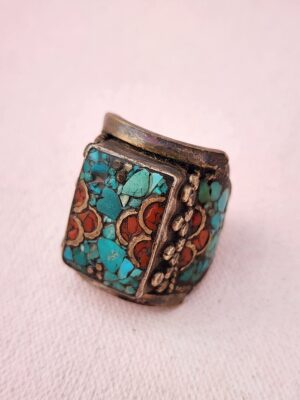 Vintage Tibetan Silver, Turquoise & Coral Ring