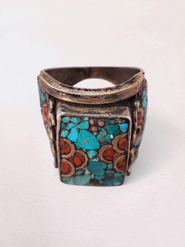 Vintage Tibetan Silver, Turquoise & Coral Ring - Image 3