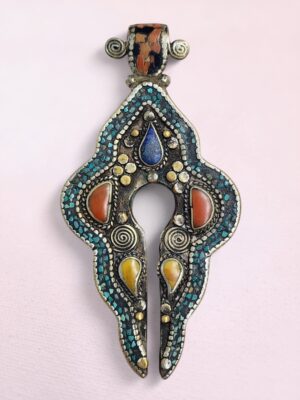 Vintage Tibetan silver pendant with turquoise, amber, coral, and lapis inlay – double-sided handmade tribal necklace charm