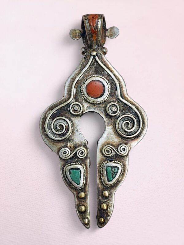 Vintage Tibetan Silver Pendant with Turquoise, Amber, Coral & Lapis - Image 2