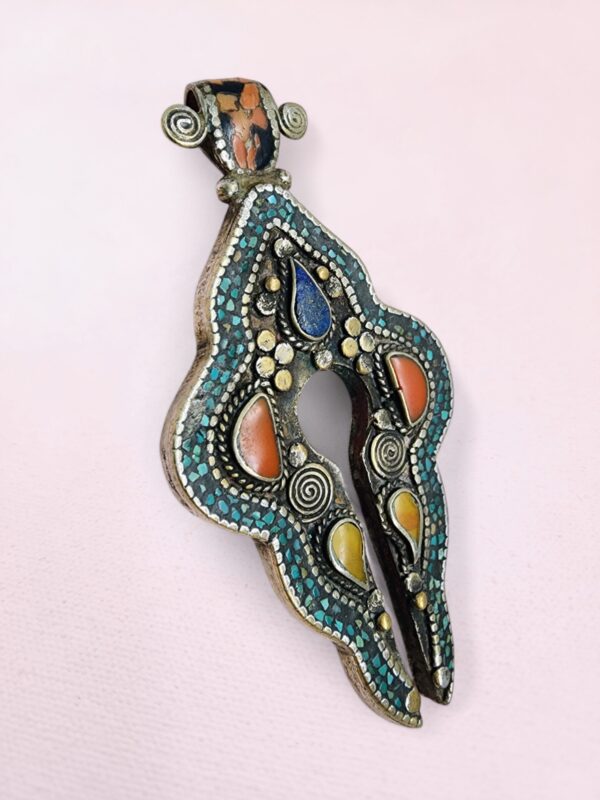 Vintage Tibetan Silver Pendant with Turquoise, Amber, Coral & Lapis - Image 3