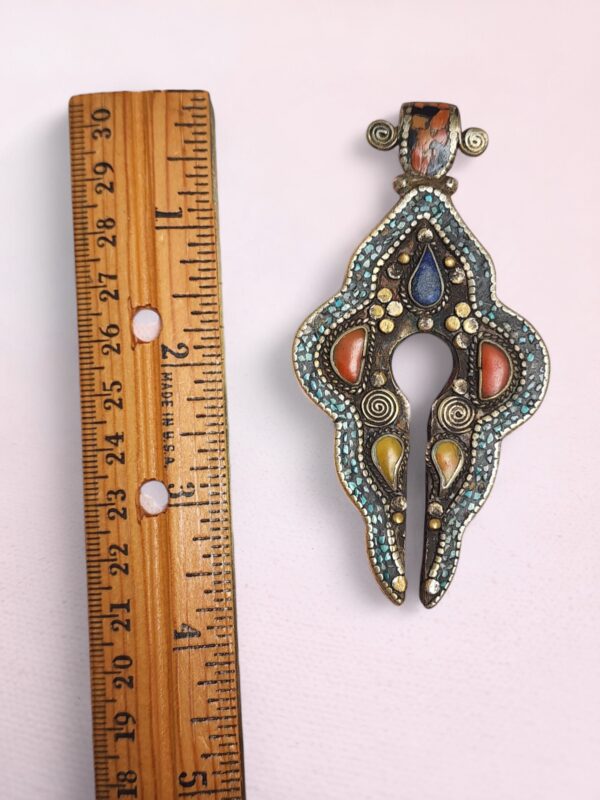 Vintage Tibetan silver pendant with turquoise, amber, coral, and lapis inlay – double-sided handmade tribal necklace charm
