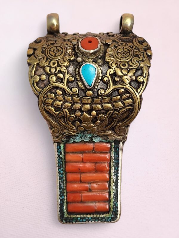 Vintage Tibetan silver necklace pendant with coral, turquoise, amber, and lapis lazuli inlays – handcrafted Himalayan jewelry front view