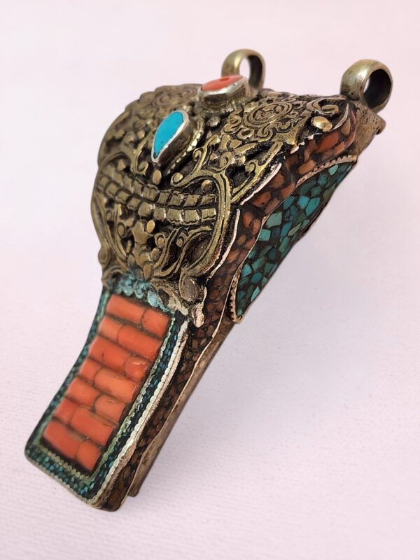 Tibetan Brass and Silver Necklace Pendant with Coral, Turquoise, Amber - Image 3