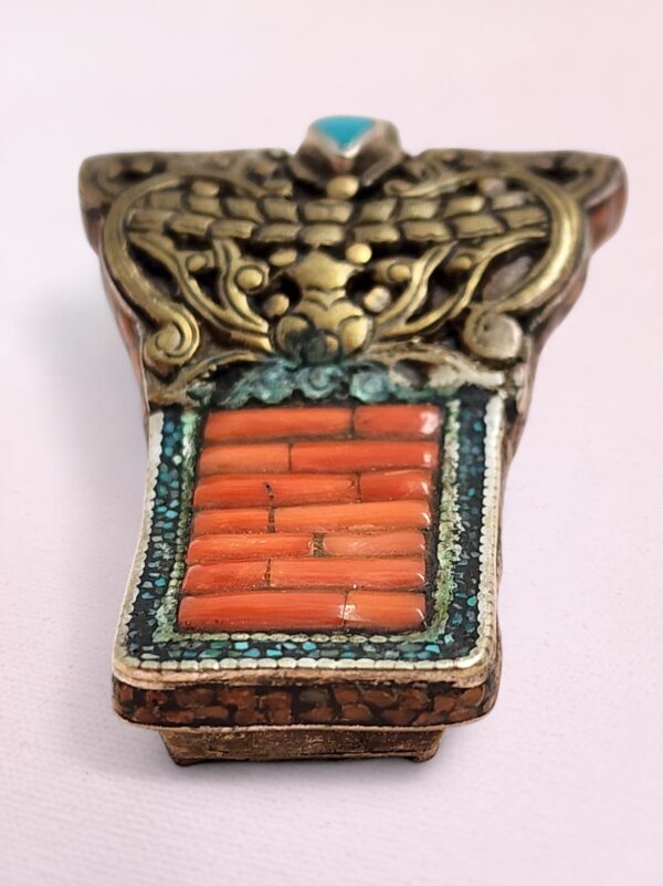 Tibetan Brass and Silver Necklace Pendant with Coral, Turquoise, Amber - Image 4