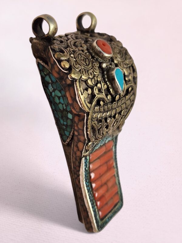 Tibetan Brass and Silver Necklace Pendant with Coral, Turquoise, Amber - Image 5