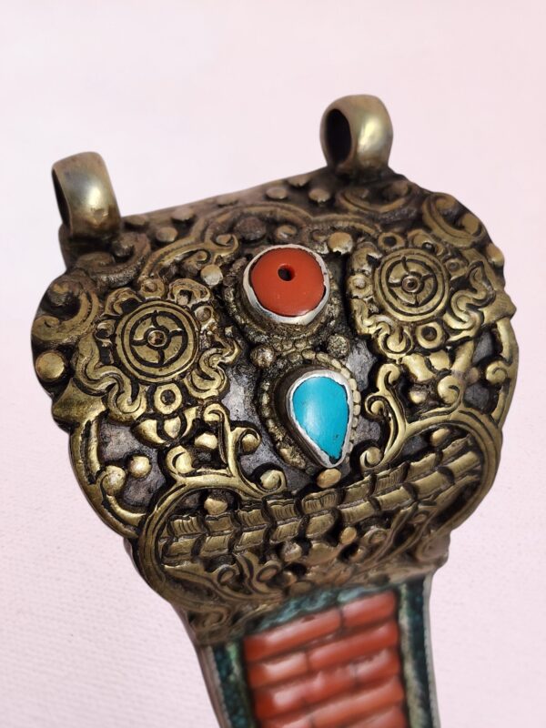 Tibetan Brass and Silver Necklace Pendant with Coral, Turquoise, Amber - Image 6