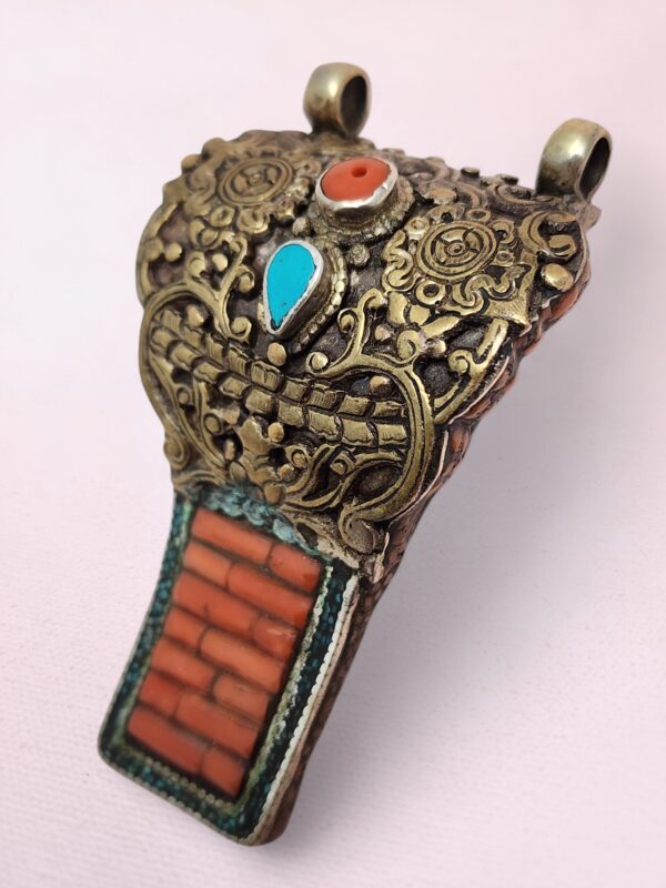 Tibetan Brass and Silver Necklace Pendant with Coral, Turquoise, Amber - Image 7