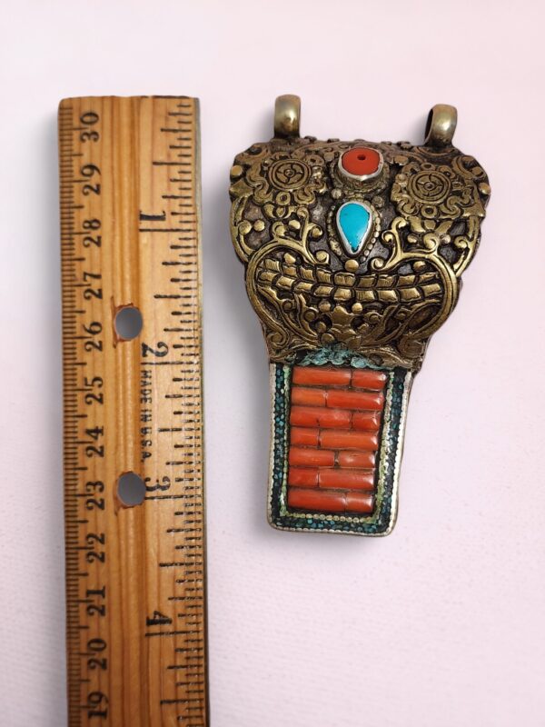Tibetan Brass and Silver Necklace Pendant with Coral, Turquoise, Amber - Image 8