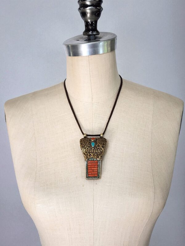 Tibetan Brass and Silver Necklace Pendant with Coral, Turquoise, Amber - Image 9