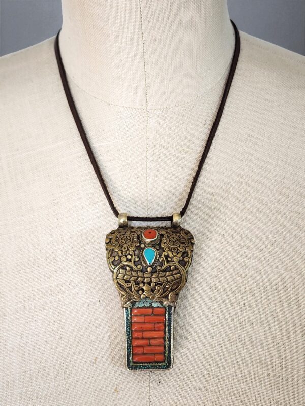 Tibetan Brass and Silver Necklace Pendant with Coral, Turquoise, Amber - Image 10
