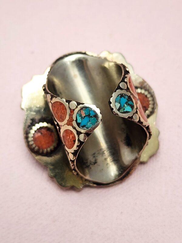 Vintage Tibetan silver ring with turquoise, coral, and amber inlay – handcrafted bohemian statement jewelry back view