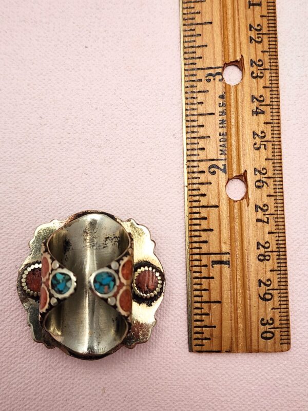 Vintage Tibetan silver ring with turquoise, coral, and amber inlay – handcrafted bohemian statement jewelry measurement