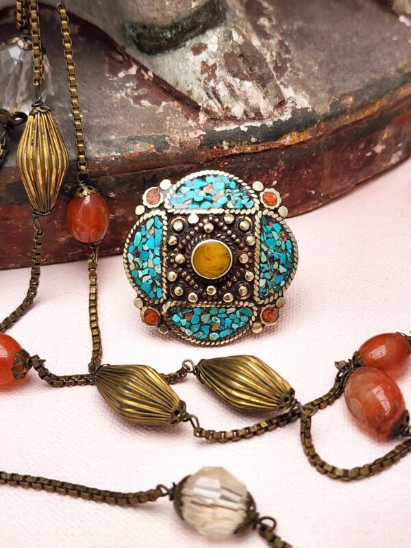 Vintage Tibetan silver ring with turquoise, coral, and amber inlay – handcrafted bohemian statement jewelry