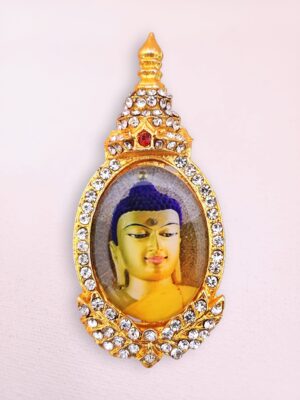 Buddha Pin with Rhinestones featuring image of the Buddha statue from inside the Mahabodhi temple in Bodh Gaya.