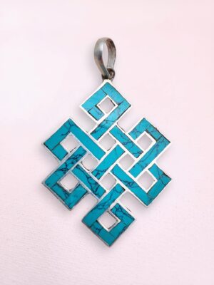 Endless Knot Tibetan Buddhist Silver & Turquoise Necklace Pendant