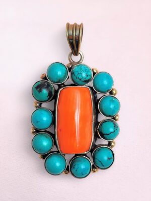 Tibetan Coral and Turquoise Silver Necklace Pendant