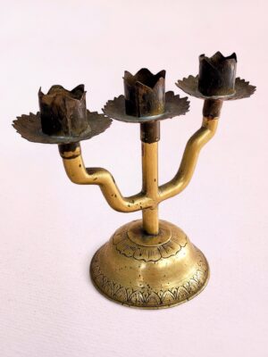 Vintage Brass Candelabra from India Three Arm Lotus Flower Candle Holder