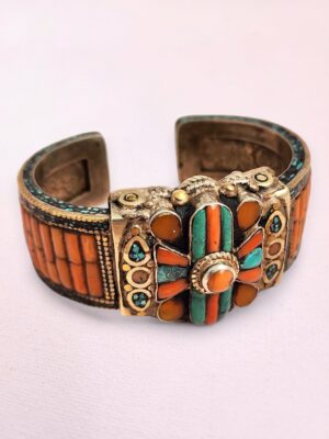 Vintage Tibetan Brass and Silver Cuff with Coral, Turquoise, Amber