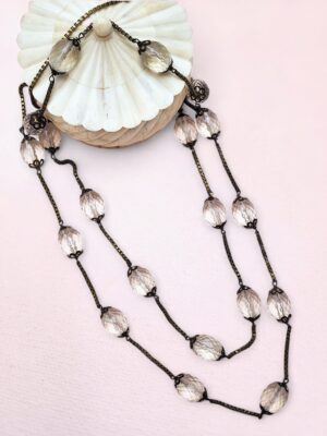 Vintage Brass and Resin Bead Necklace from Sri Lanka | Long Station Boho Chain with Clear Faceted Beads