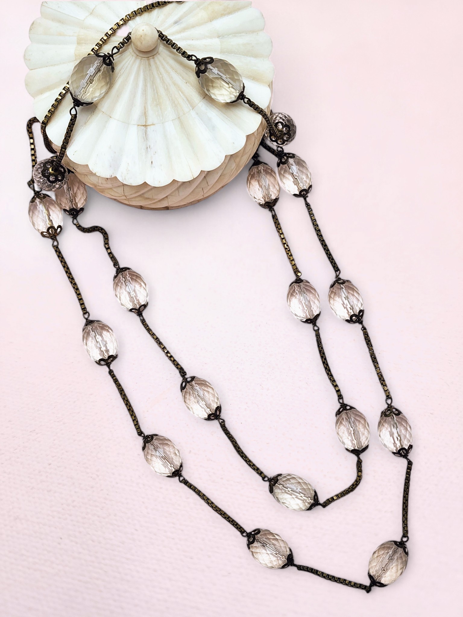 Vintage Brass and Resin Bead Necklace from Sri Lanka | Long Station Boho Chain with Clear Faceted Beads