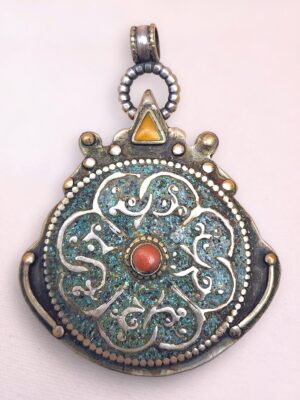 Authentic Tibetan Silver Pendant Three Sacred Stones Gau Amulet