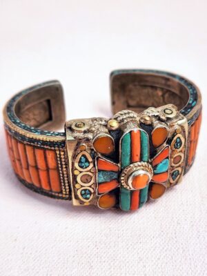 Vintage Handmade Tibetan Sterling Silver and Brass Cuff Bracelet with Coral, Turquoise & Amber | Open Cuff with Hinged Spring Design