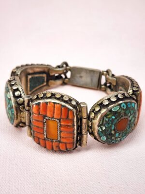 Authentic Handmade Tibetan Sterling Silver Bracelet with Coral, Turquoise & Amber | Vintage Link Bracelet