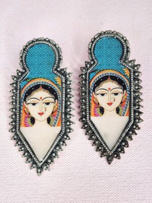 Indian Folk Art Earrings with Female Portraits, Mughal Miniature Painting