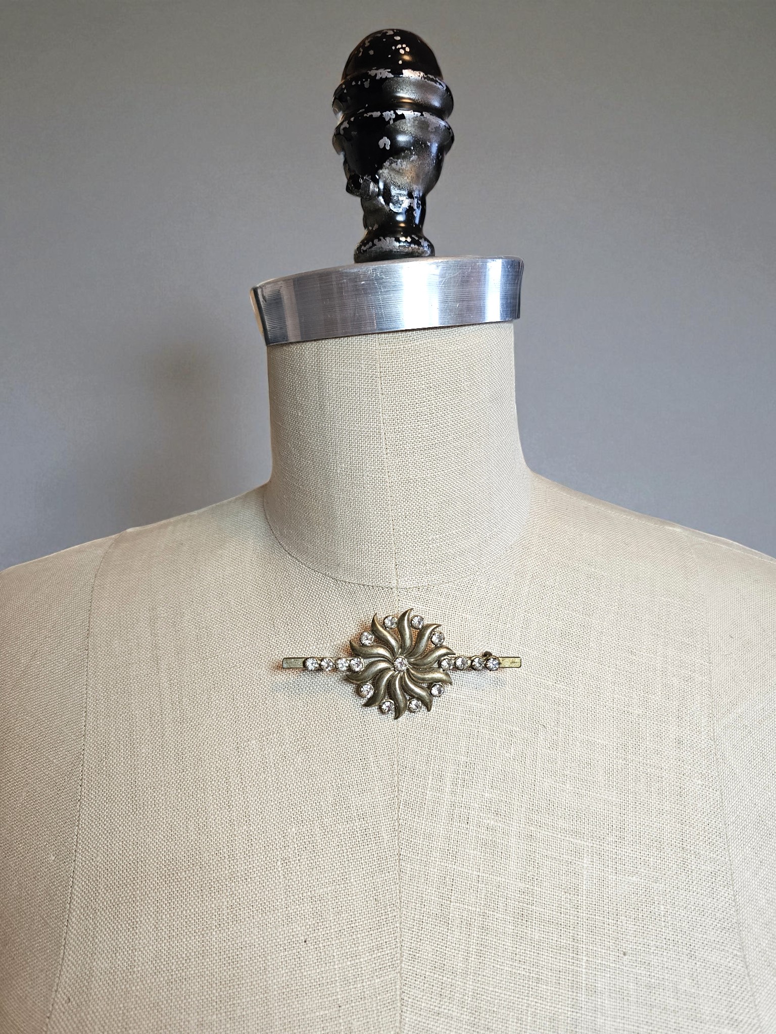 Vintage 1940s Sunburst Brooch with Crystal Rhinestones from Sri Lanka Art Deco Style Silver Tone Starburst Pin Ceylon Vintage Jewelry
