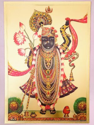 Gold Foil Embossed Shrinathji Krishna Picture | Hindu Religious Wall Art Shrinathji Gold Foil Poster Indian Devotional Print of Lord Krishna
