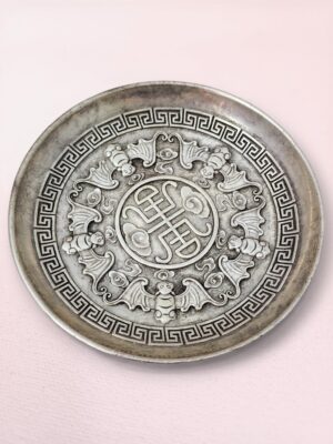 Chinese Five Bats Longevity Plate | Wu Fu White Copper Altar Dish | Feng Shui Bat Shou Symbol Plate