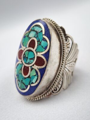 Tibetan Lapis Lazuli Turquoise Ring | Nepal Silver Mosaic Inlay Ring | Himalayan Multi-Stone Flower Ring
