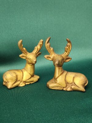 Matching Brass Deer Figurine Pair India | Vintage Brass Resting Stag Set | Indian Brass Deer Altar Decor