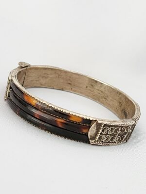 Sri Lanka Silver Tortoiseshell Hinged Bangle | Vintage Asian Silver Inlay Cuff Bracelet | Antique Silver Tortoise Shell Bracelet