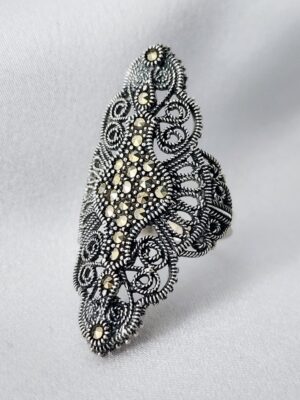 Sterling Silver and Marcasite Filigree Ring Indian Lace Silver Jewelry Art Deco Statement Ring