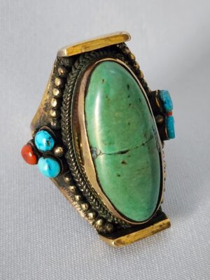 Tibetan Green Turquoise Brass Ring | Himalayan Tribal Gemstone Ring | Nepal Boho Turquoise Coral Ring