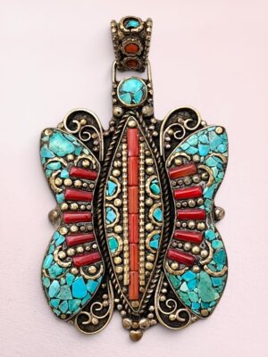 Tibetan Turquoise Coral Butterfly Pendant | Himalayan Mosaic Butterfly Necklace | Nepal Silver Butterfly Pendant on Leather Cord