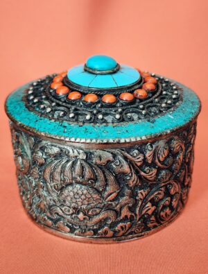 Tibetan Coral Turquoise Lidded Box | Himalayan Silver Repousse Container | Tibetan Buddhist Ritual Box