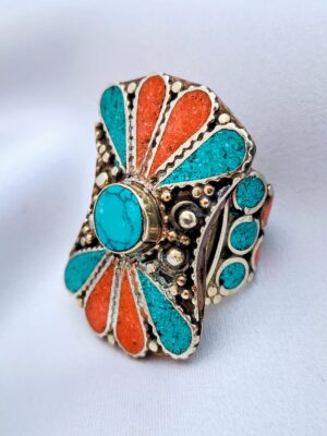 Tibetan Sterling Silver, Turquoise & Coral Ring