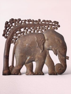 Antique Style Brass Elephant Wall Art India | Sri Lankan Cast Brass Elephant Plaque | Vintage Brass Elephant Under Tree Wall Decor