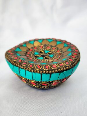 Vintage Tibetan Turquoise & Coral Incense Holder | Himalayan Brass Mosaic Incense Burner | Buddhist Altar Stick Holder
