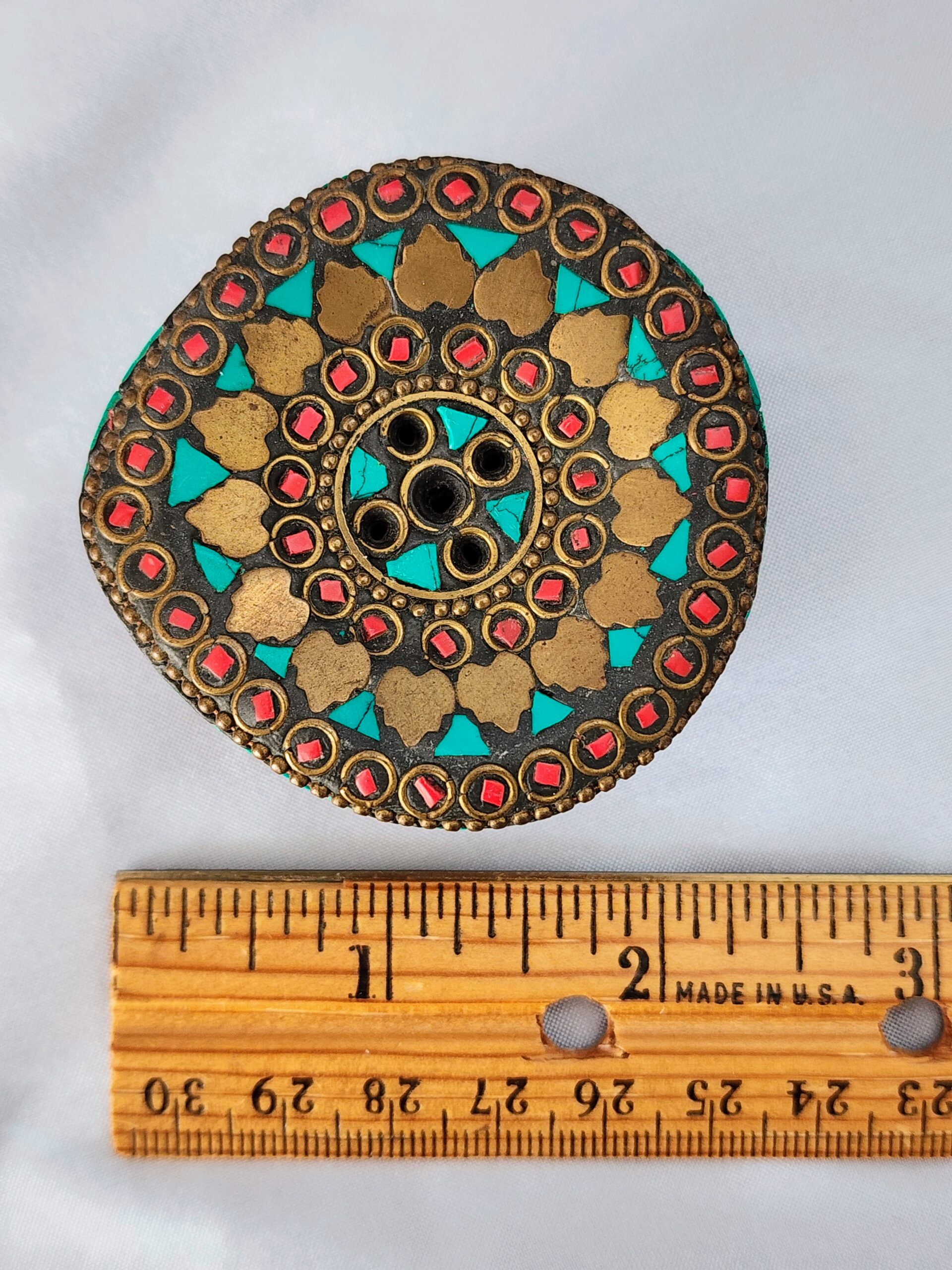 Tibetan Coral Turquoise Brass Incense Stand | Himalayan Mosaic Dhoop Holder | Nepal Buddhist Incense Burner