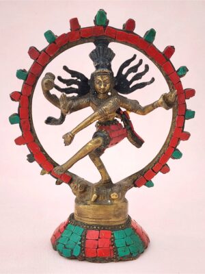 Brass Nataraja Dancing Shiva Coral Turquoise Statue | Hindu God Shiva Cosmic Dancer Figurine | Antique Indian Nataraja Mosaic Inlay Statue