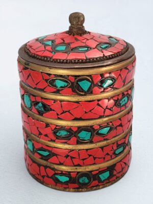 Indian Brass Coral Turquoise Inlay Box | Mosaic Stone Lidded Brass Container | Himalayan Coral Turquoise Decorative Box