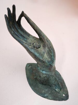 Antique Thai bronze Buddha hand with lotus palm, vitarka mudra. Wall-mountable or door handle. Deep verdigris patina. Sacred Buddhist art collectible.