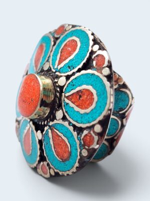 Vintage Tibetan Turquoise Coral Ring | Crushed Turquoise Flower Mandala Ring | Nepalese Sterling Silver Statement Ring