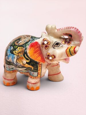 Indian Marble Elephant with Wildlife Paintings | Rajasthan Hand-Painted Stone Elephant | Mughal Miniature Art Elephant Statue