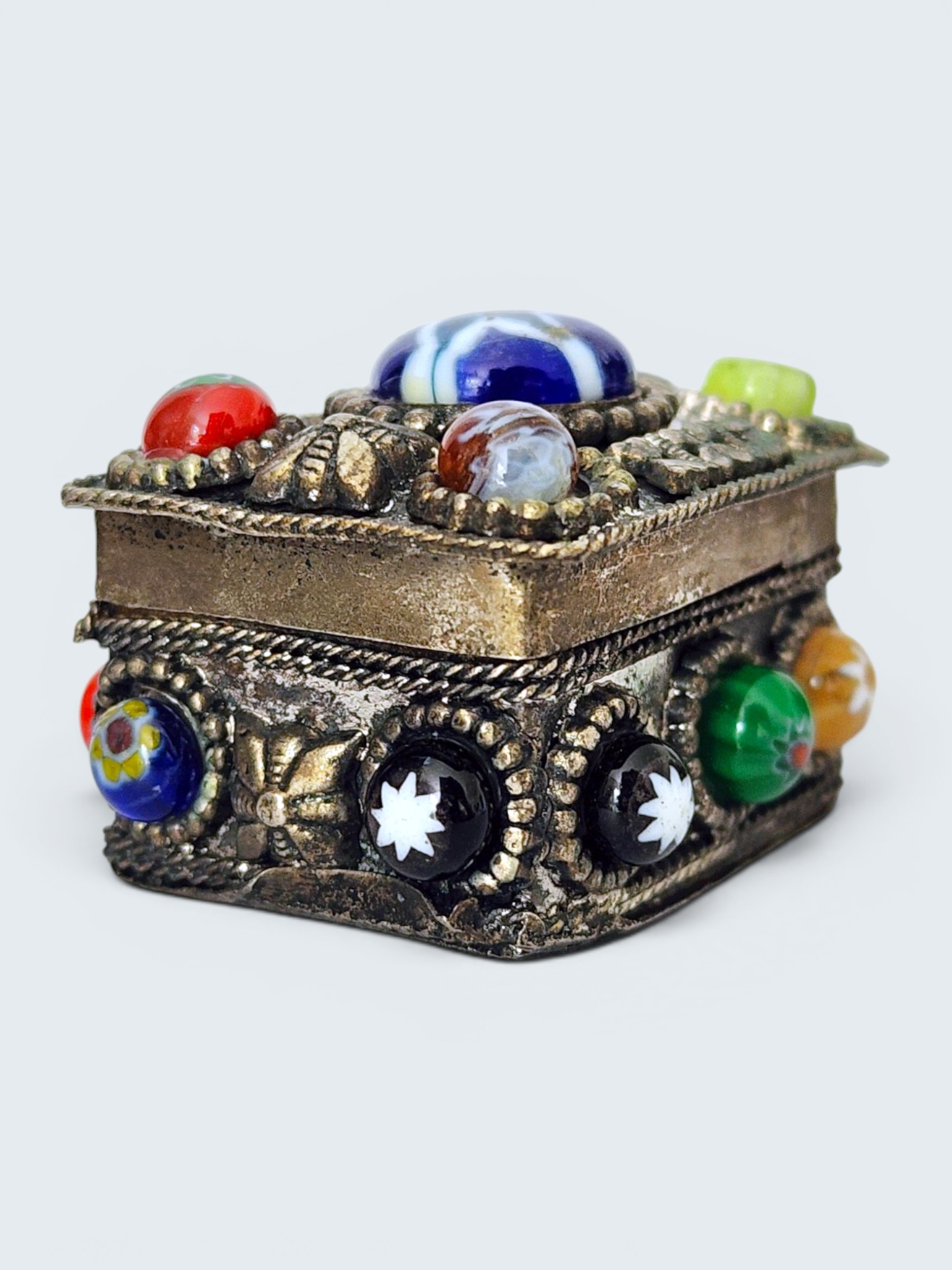 Vintage Indian Millefiori Glass Trinket Box | Decorative Metal Pill Box Glass Beads | Bohemian Glass Bead Keepsake Box India