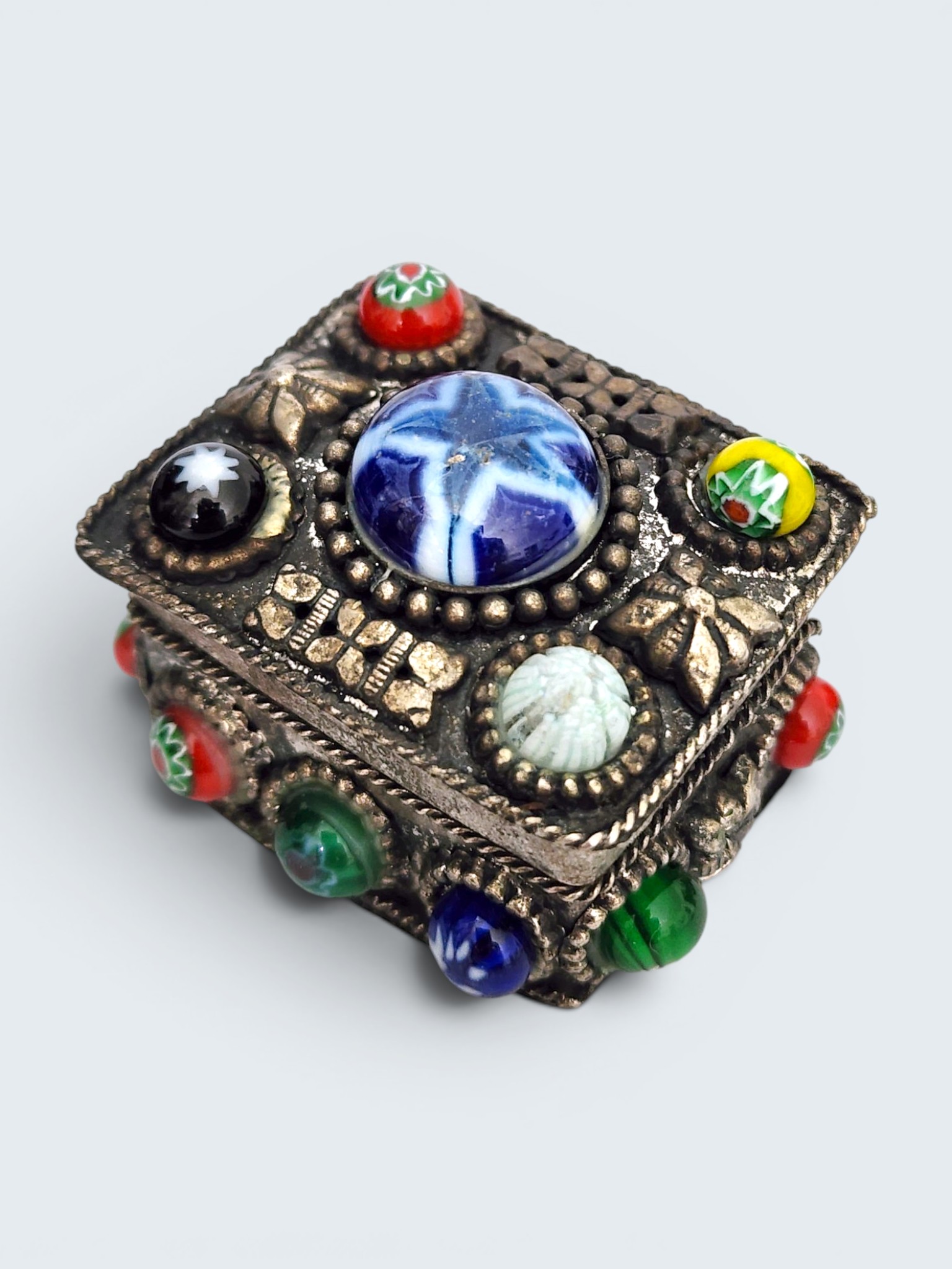 Millefiori Glass Bead & Metal Trinket Box from India - Image 3